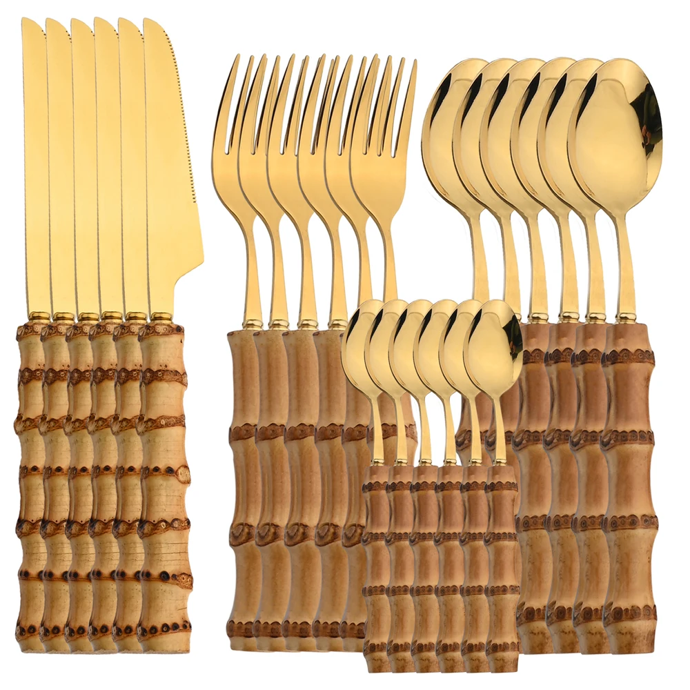 Bamboo Cutlery - 24 шт., столовые приборы из нержавеющей